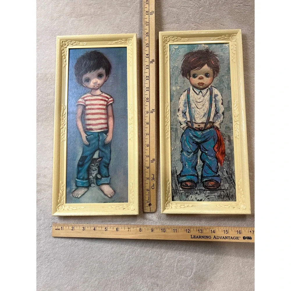 Ozz Franca Vintage Big Eye Boy Art Set 18x8 Cream Framed Alvaro and Franca MCM